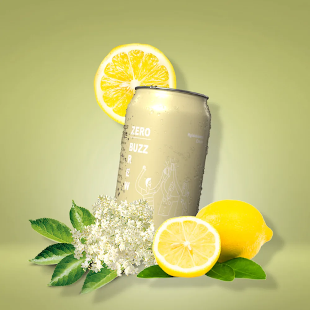 Billede af vores alkoholfri øl med smagen af hyldeblomst og citron